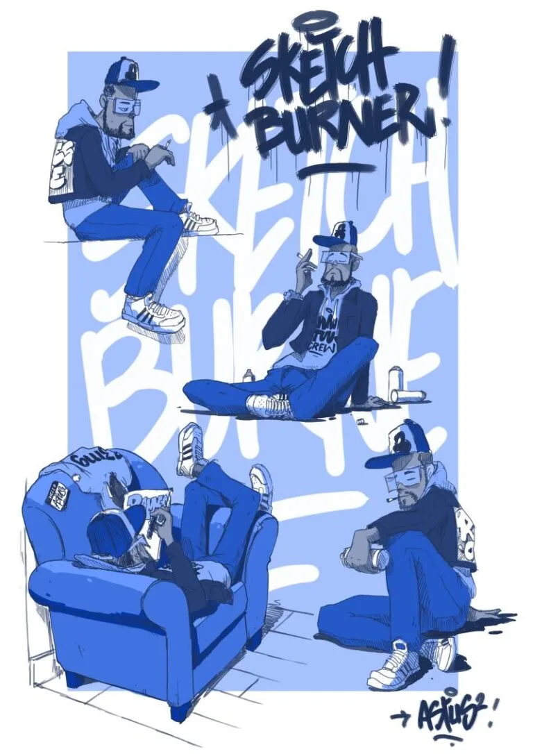 Illustration de personnages avec le texte "Sketch Burner".