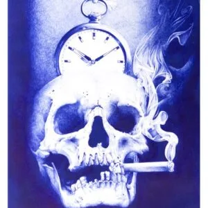 Crâne fumant avec montre de poche suspendue.
