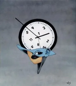 Horloge surréaliste avec visage de style cartoon.