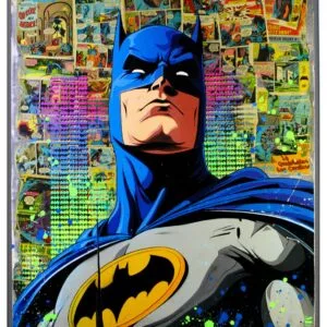 Batman en costume, entouré de vignettes de bandes dessinées.