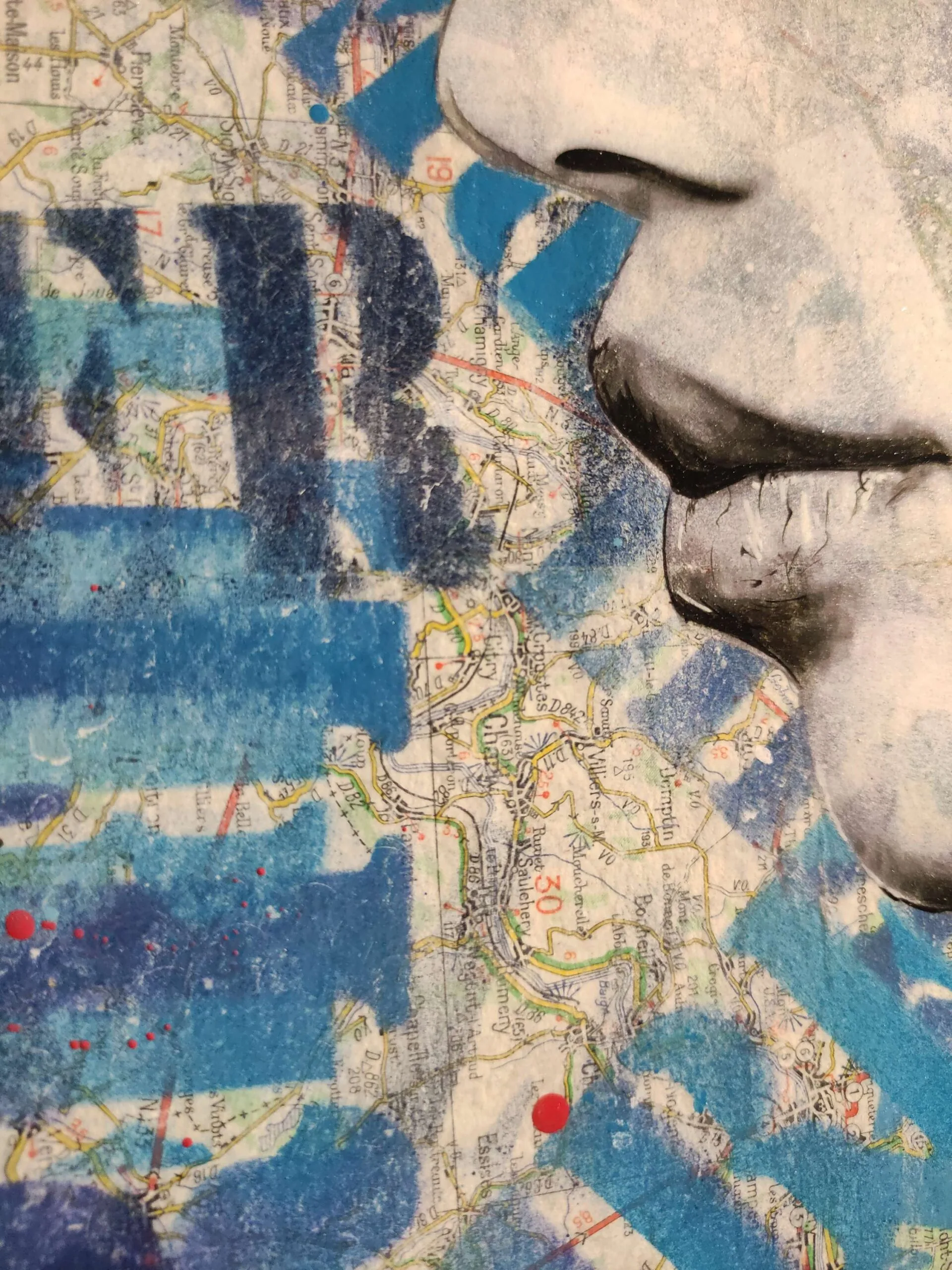 IMG_20231119_112833 Visage dessiné sur fond de carte géographique colorée.