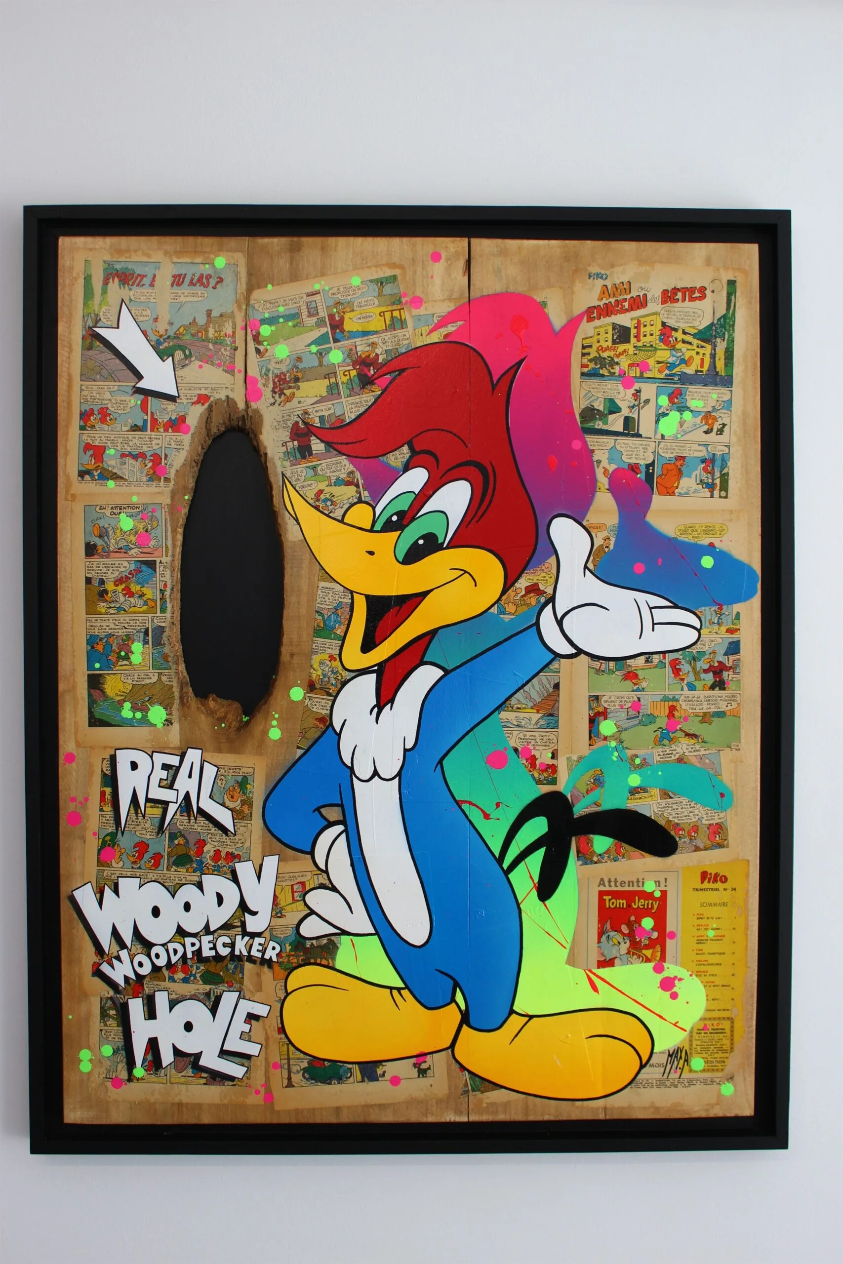 Tableau coloré de Woody Woodpecker sur fond de BD.