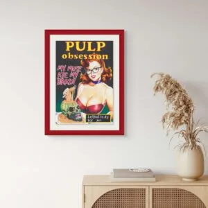 Affiche rétro style pulp dans cadre rouge.