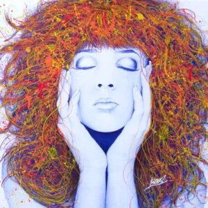 Portrait féminin, cheveux flamboyants abstraits, art coloré.