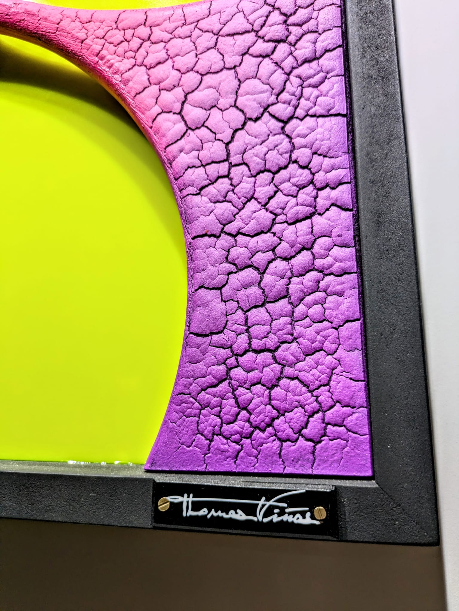 fungi Détail d'une peinture texturée violet et jaune.